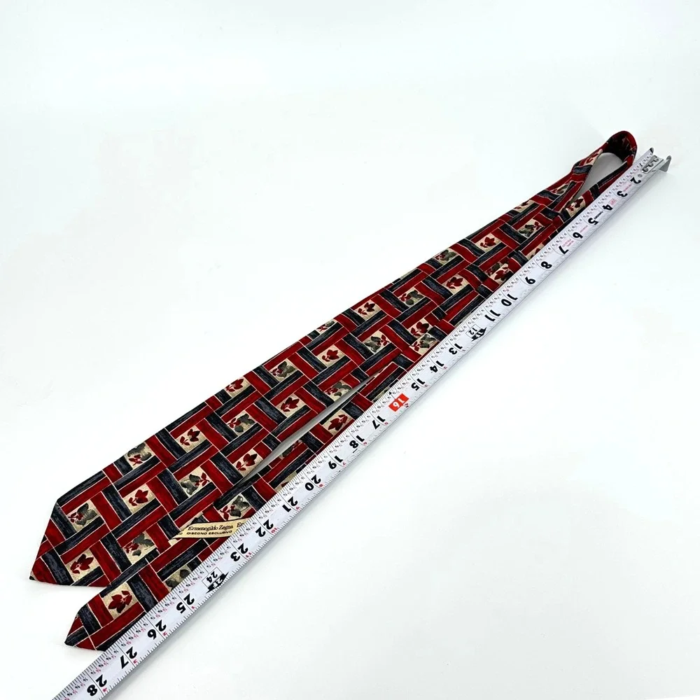 Ermenegildo Zegna 100% Silk Tie Red Black Tan Geometric Leaf Floral Pattern Mens
